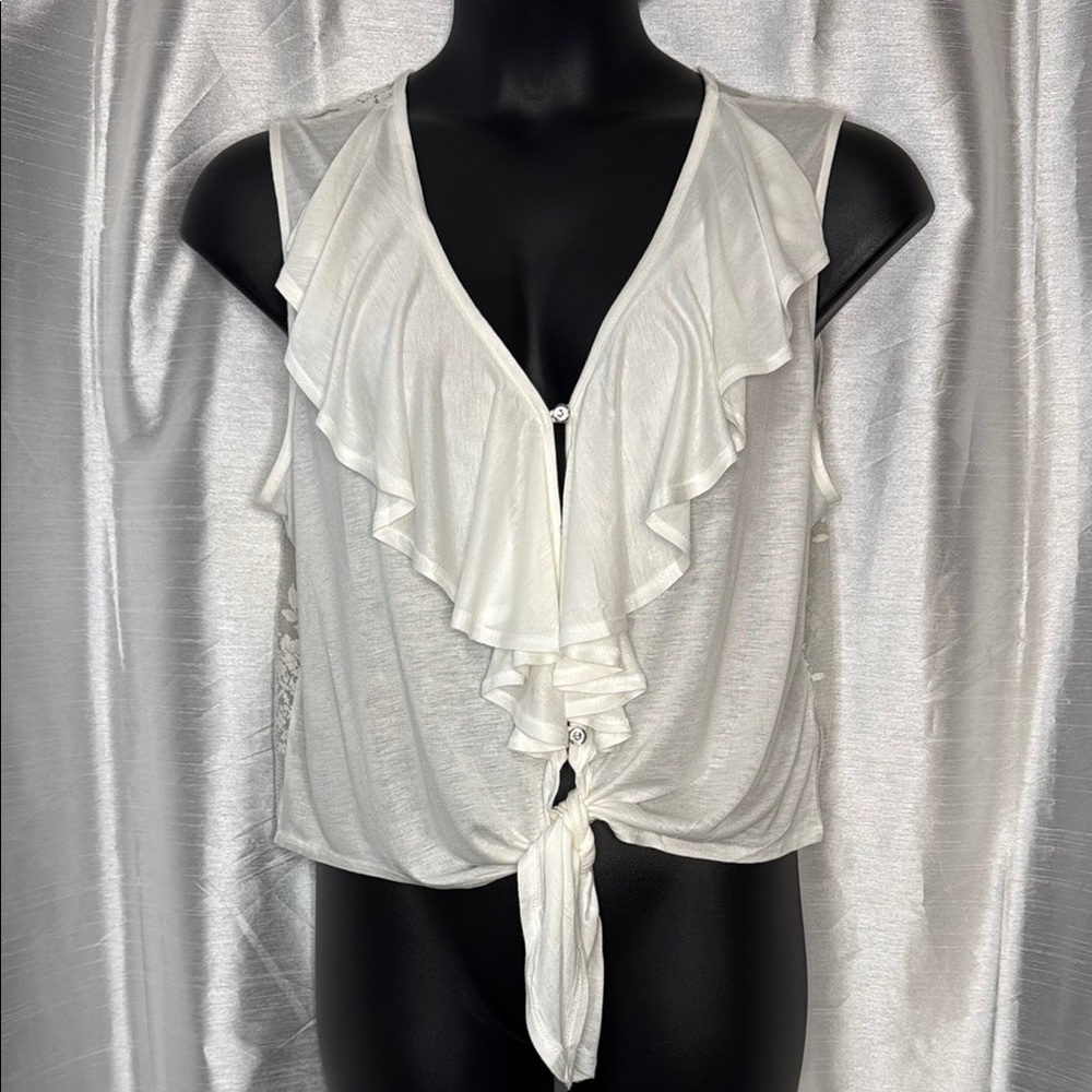 Iris Basic NWOT Cream Women’s 3X V Neck Sleeveless Netted Back Knot Ruffle Top